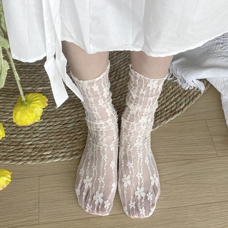 5Pairs Fashion Sweet Mesh Fishnet Socks Soft Funny Socks Hosiery Women's  Kawaii Ladies Breathable Transparent Floral Lace Socks