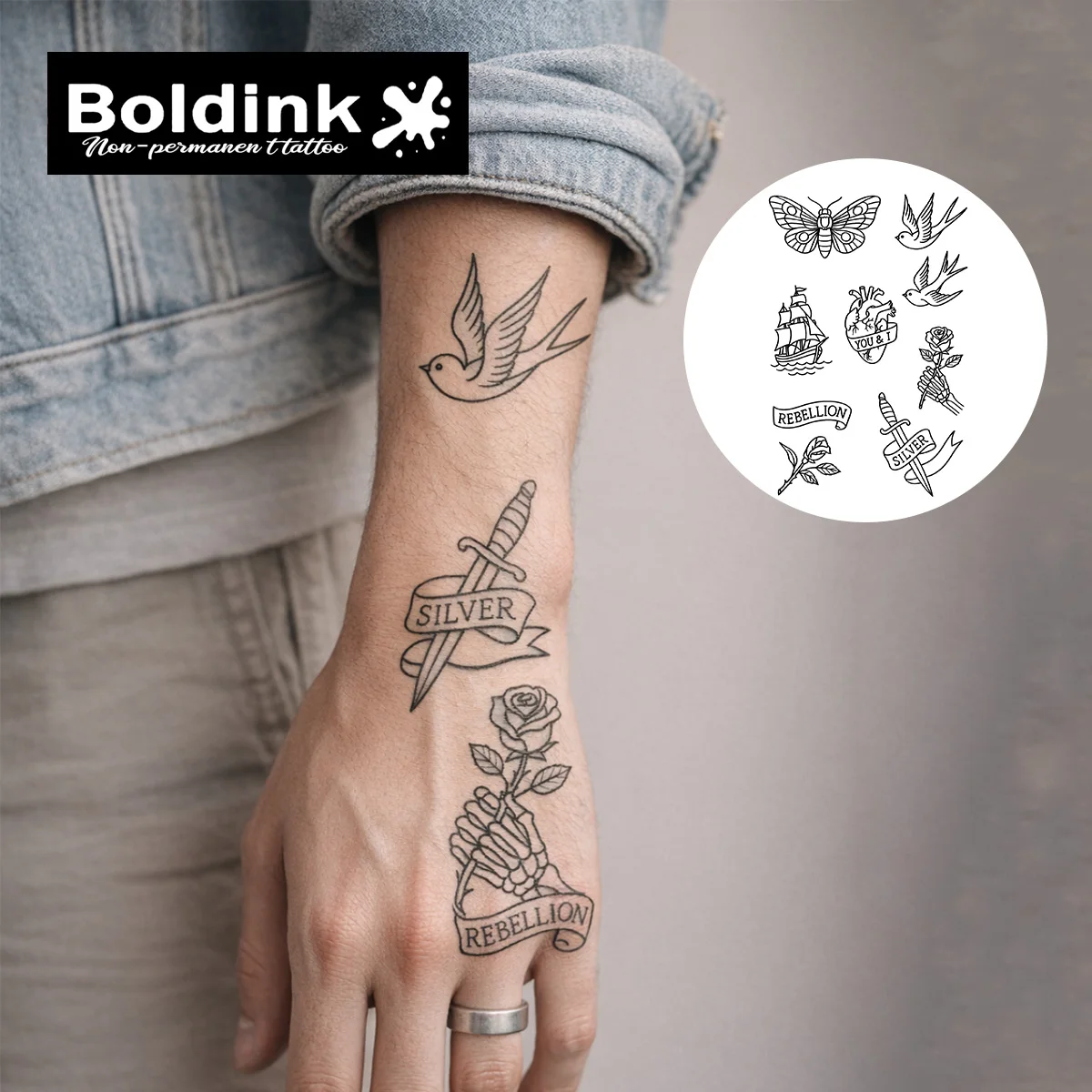 Boldink Herbal Classic Line Art Anatomy Heart Rose Tattoo Sheet for Traditional Flash Enthusiasts, Dagger & Swallow Icon Collect