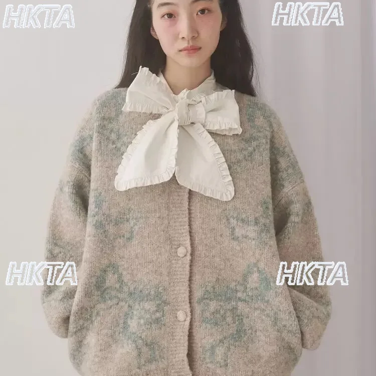 日本の秋のレトロかわいいリボン長袖ニットカーディガンコートトップ女性甘いルーズカジュアル多用途セータージャケット女性