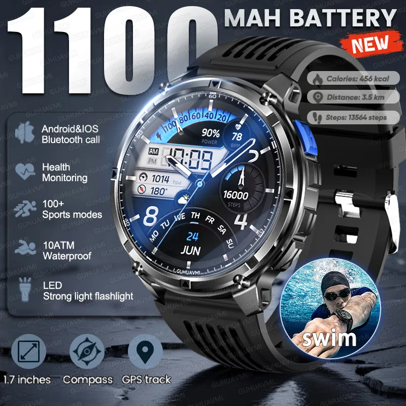 2026 GPS New 1100mAh Battery Adult Smart Bracelet 10ATM Waterproof Flashlight Call Smart Watch Men Outdoors Sport Swim Watches