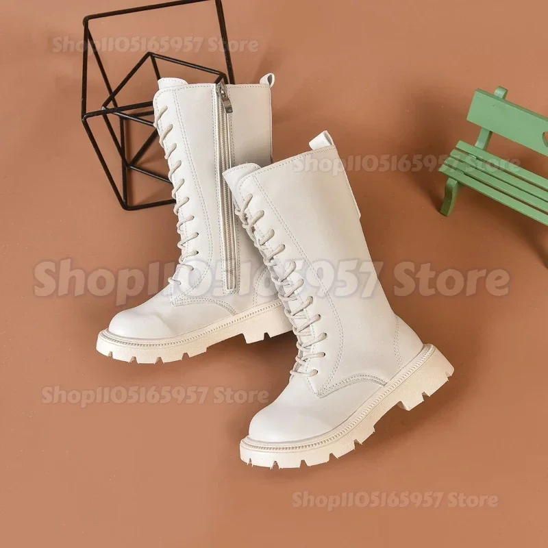 Nouvelles bottes d'hiver pour filles, hauteur genou, style punk, à lacets, avec fermeture éclair, en cuir PU noir et blanc, élégantes et polyvalentes pour enfants