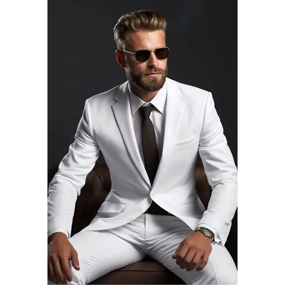 Handsome White Suit for Men Two Pieces (Jacket+Pants) Single Breasted Notch Lapel Costume Homme Business Wedding Groom\'s Set