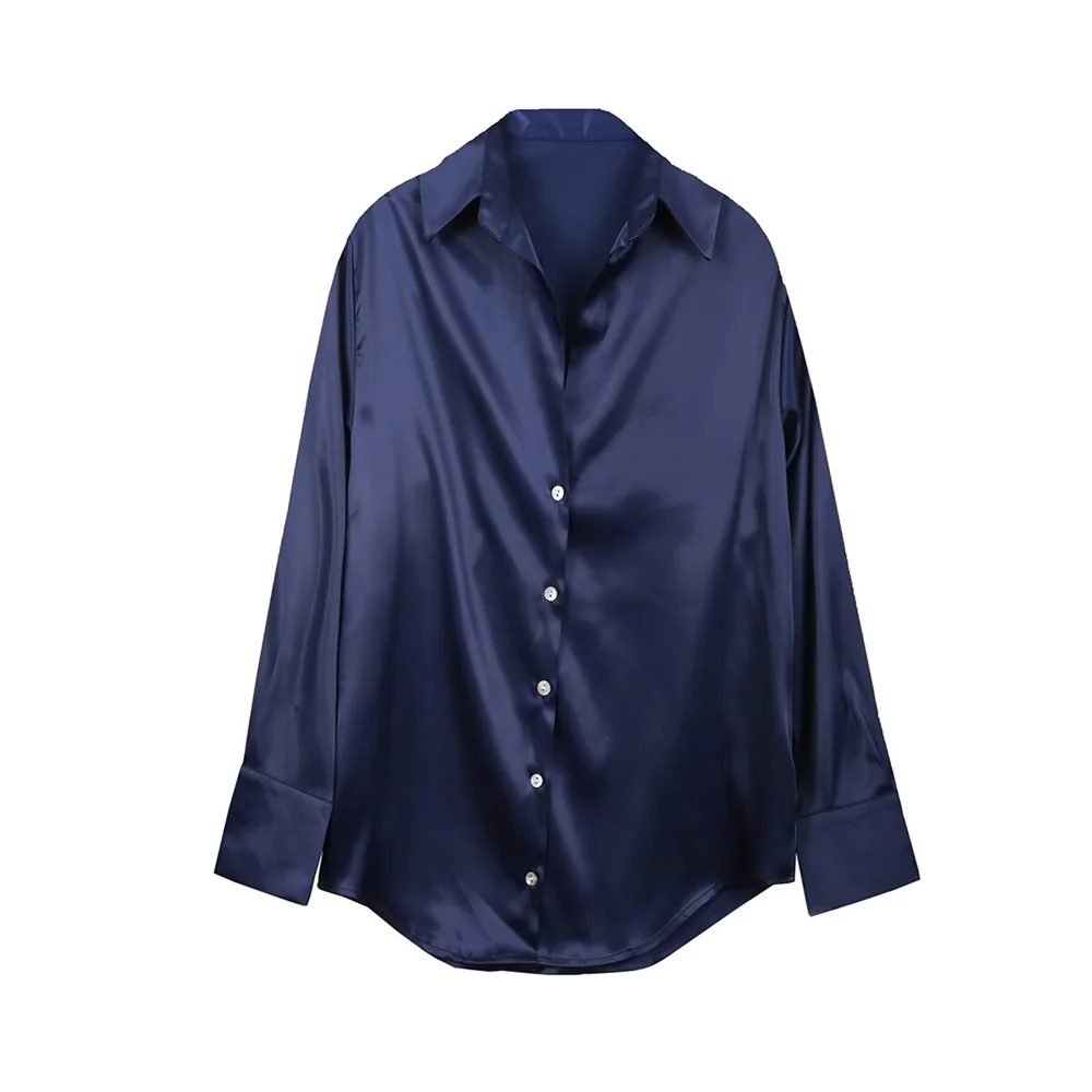 PB&ZA 2024 Spring New Women\'s Fashion temperament casual loose and versatile silk satin texture long sleeved shirt