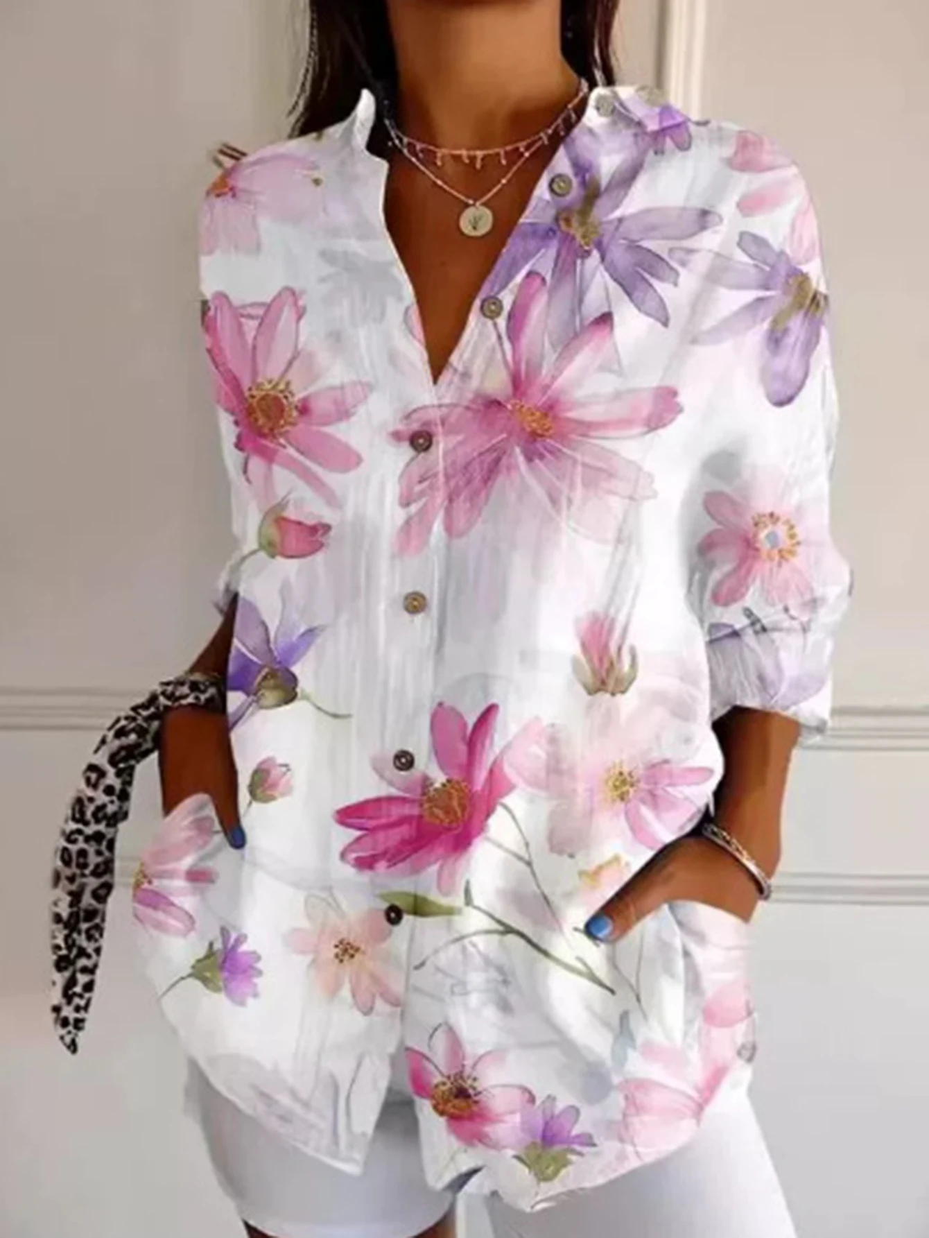 

Женская повседневная рубашка с длинным рукавом и воротником с принтом и пуговицами спереди, осенний базовый топ для отпуска для больших размеров