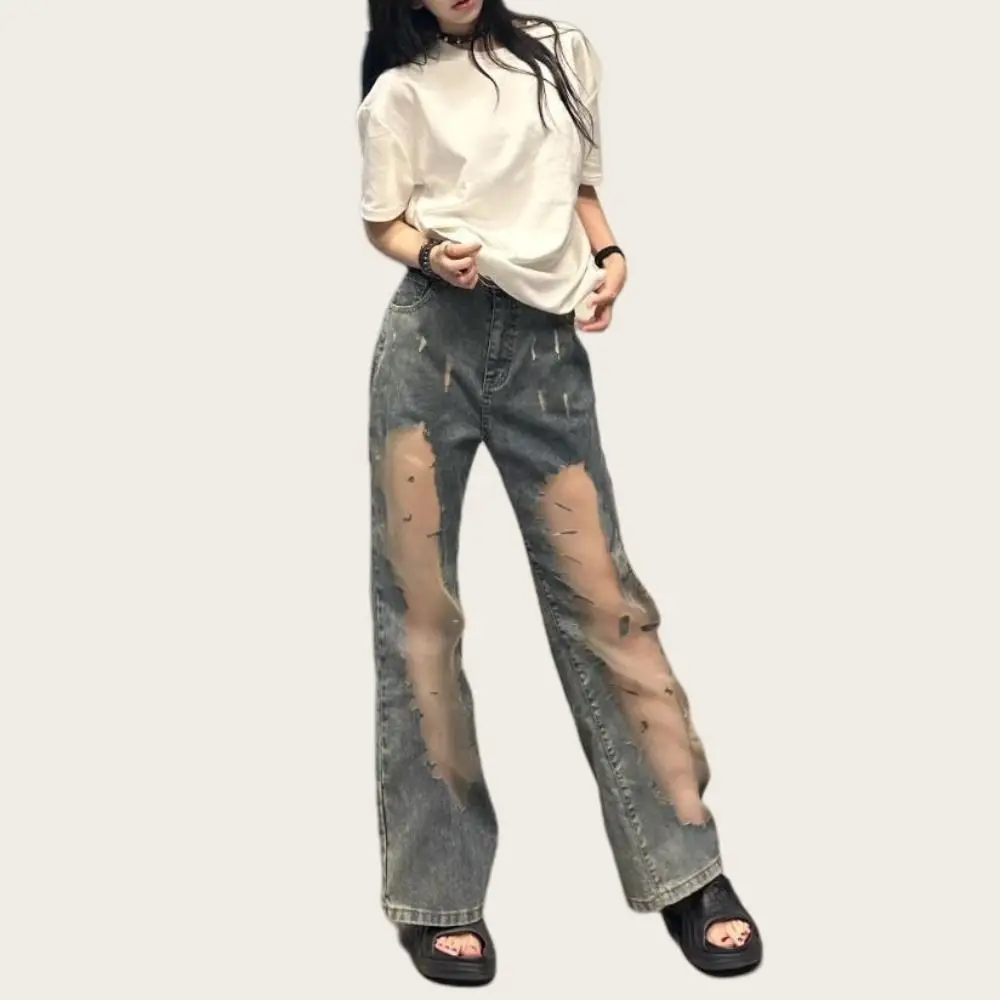 Unique High Waist Casual Mesh Jeans Loose Straight Ripped Jeans Irregular See Through Baggy Pants Streetwear