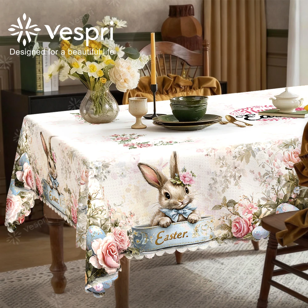 Vespri Oster-Tischdecke Weiß Rosa Hase Rosenblüten Rund Rechteckig Oval Polyester für Partys Feste
