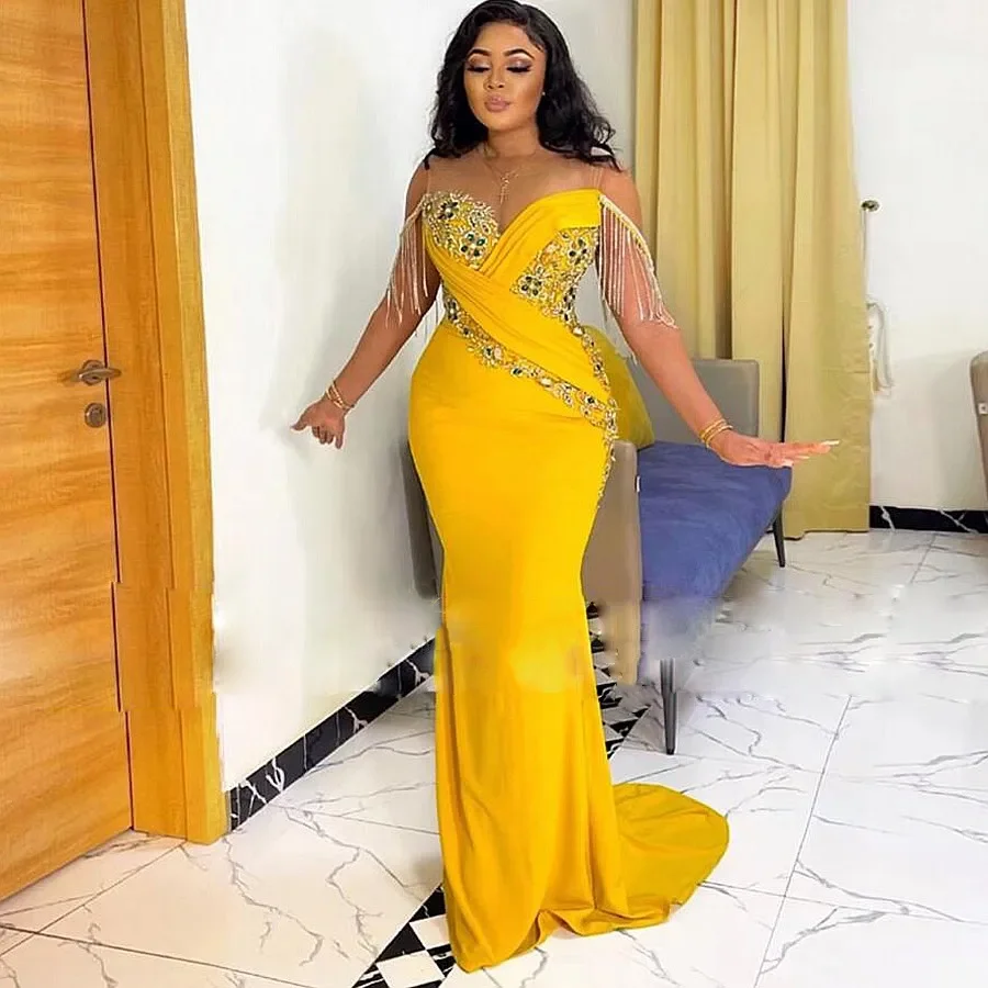 Aso Ebi Mermaid Sexy Prom Dress Sheer Neck Fringe Beaded Sleeveless Party Evening Dress Customized For African Women 2025