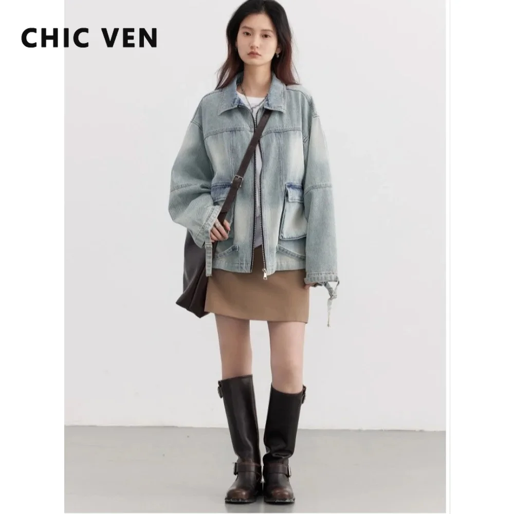 

CHIC VEN Korean Women Jacket Blue Loose Casual Denim Coat New Streetwear Overcoat Girl Cowboy Coat Spring Autumn 2025