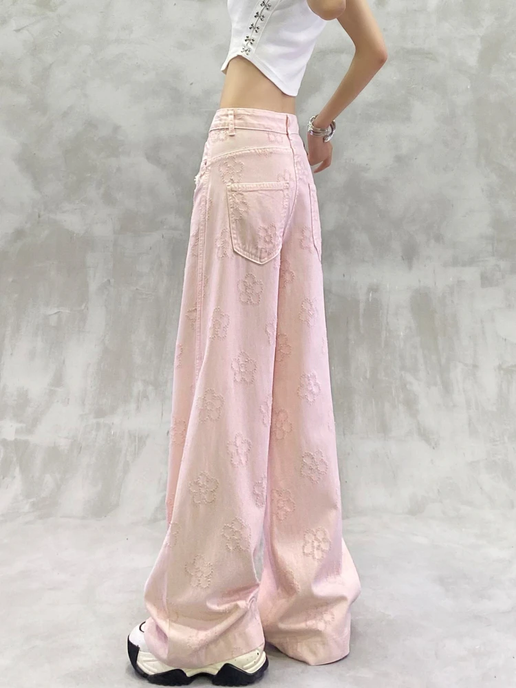 2025 Summer and Autumn New Women's Jacquard Decorative Casual Jeans High Waist Loose Slimming Versatile Straight Wide-Leg Pants