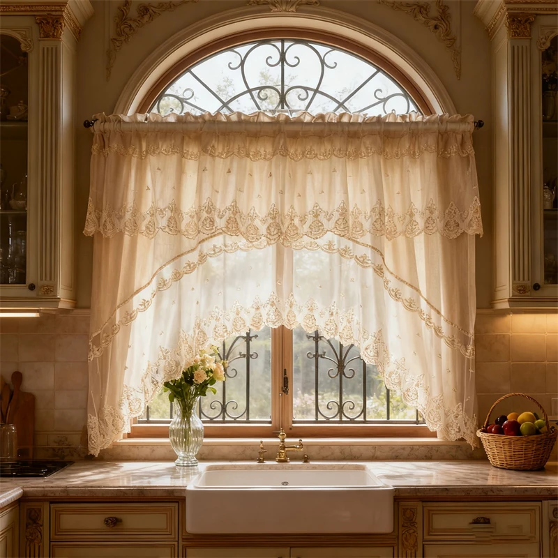 

Европейская легкая роскошная веерообразная вышитая кружевная марлевая занавеска для виллы, фермерский дом, прозрачный тюль с кисточкой, короткая занавеска, карман для карниза