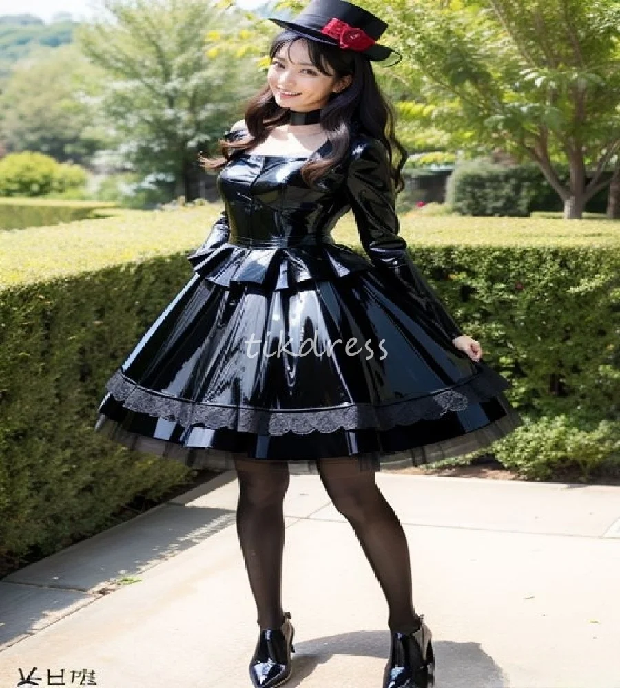 

Gothic Cosplay Maid Prom Dress 2025 A Line Long Sleeve Latex Korean Evening Dresses Lace Lolita Formal Party DressCustomized