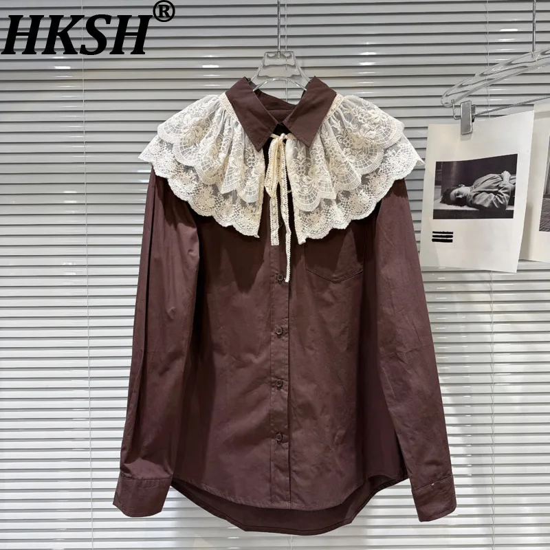 

HKSH Autumn New Women Trendy Shirt Turn-down Collar Long Sleeve Single Breasted Lace Shawl Tie Design Sweet Elegant Tops HK10194