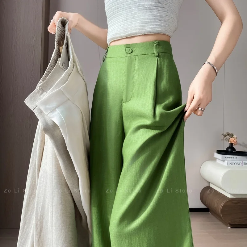 High Waist Linen Wide Leg Pants Ice Silk Women's Summer New Style Casual Pants High Waist Sun Protection Floor-Length