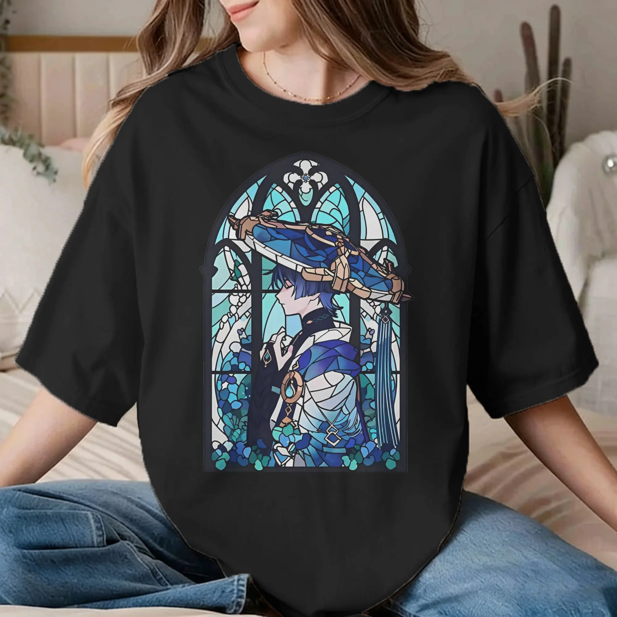 Men Women Stained Glass Wanderer cat T Shirt Genshin Impact Pure Cotton Tops Casual   Crew Neck Tees Plus Size T-Shirts