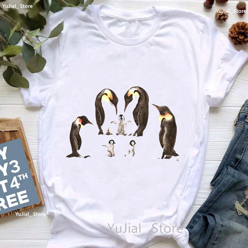 Watercolor Penguin Family Print Tshirt Women Pink Flowers Beautiful T Shirt Femme Summer Fashion Short Sleeve T-Shirt Female