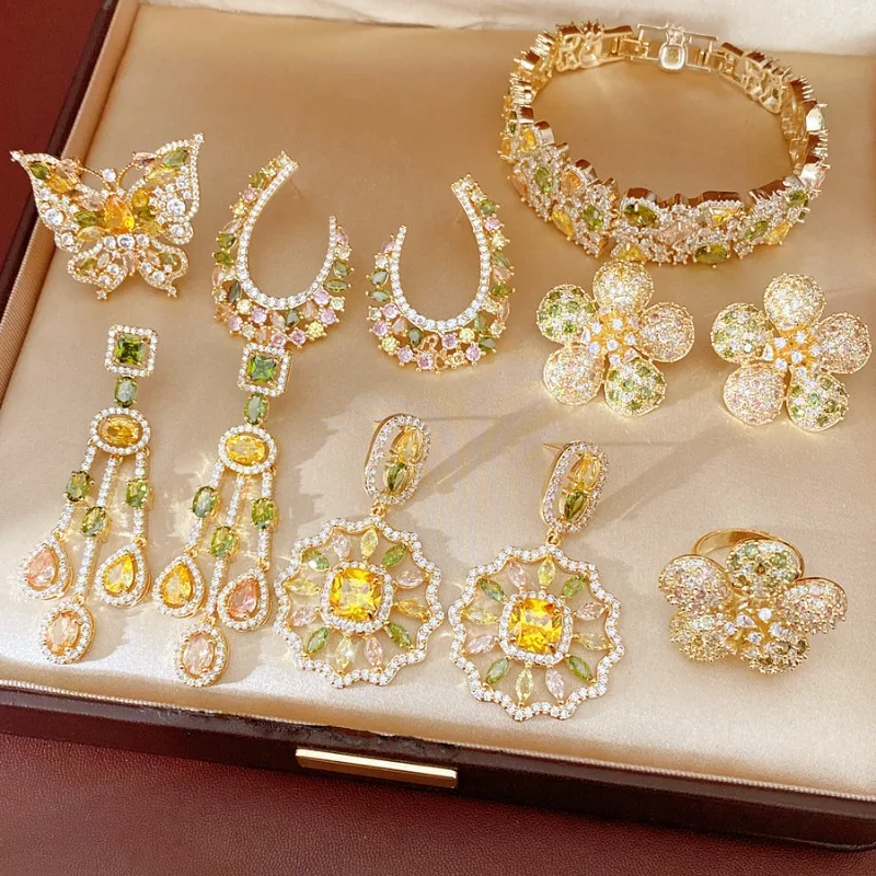 

Luxury Color Zircon Jewelry Set, Butterfly Flower Earrings Bracelet Ring Brooch, Bling Crystal Gift for Women Party Wedding