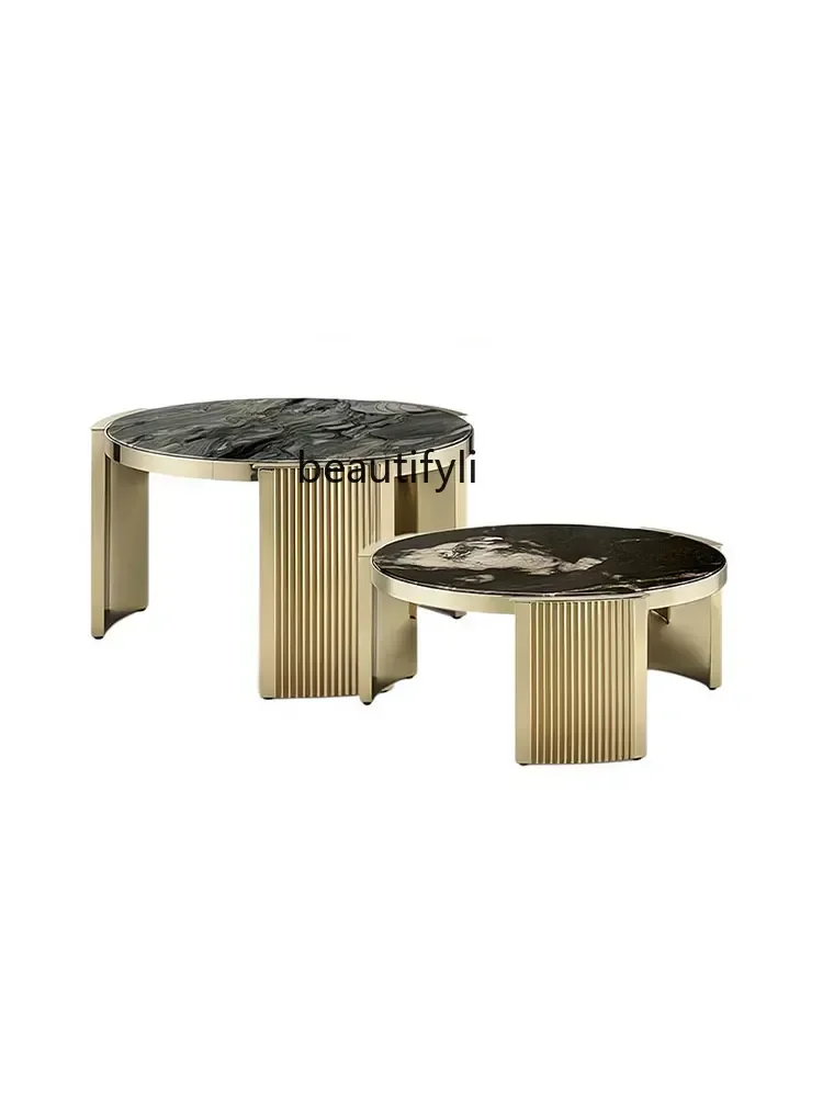 Round Tea Table Combination Luxury High-Grade Stainless Steel Marble Living Room Coffee Table Side Table