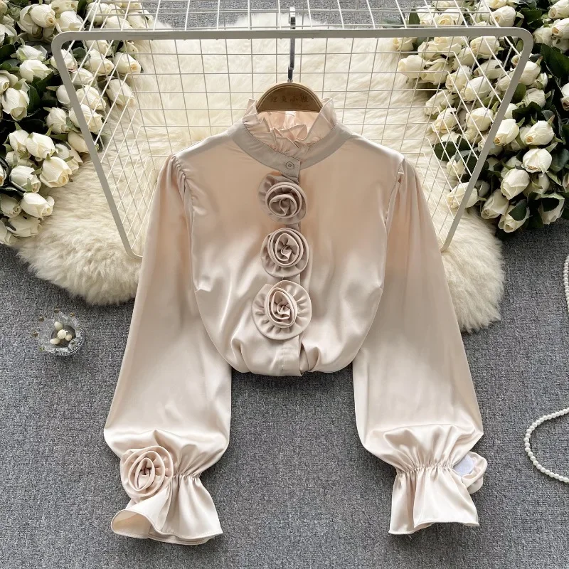 Half High Neck Stereo Flower Design Sense Women Clothing Shirts Light Luxury Vintage Puff Sleeve Blouses Single-breasted Blusas