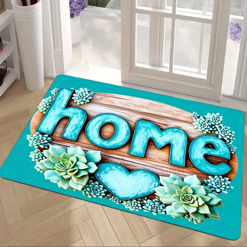Tapis d'entrée antidérapant pour la maison, motif Cactus Succulent Teal Cactus Heart, pour intérieur et extérieur, Décoration Bohème, Cadeau de pendaison de crémaillère tendance 2026