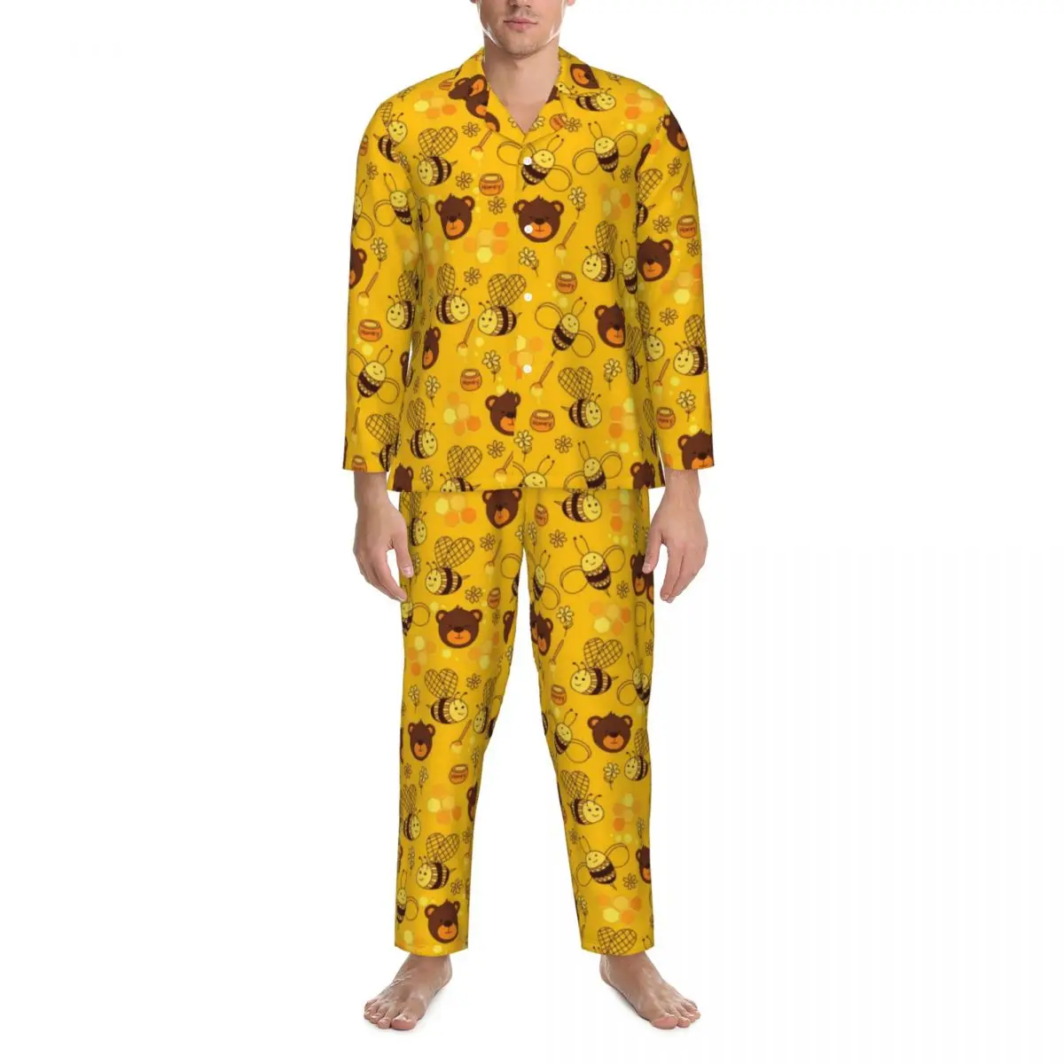 Cartoon Bees Print Pajama Sets Autumn Cute Funny Bears Soft Daily Sleepwear Couple 2 Piece Casual Oversized Graphic Home Suit