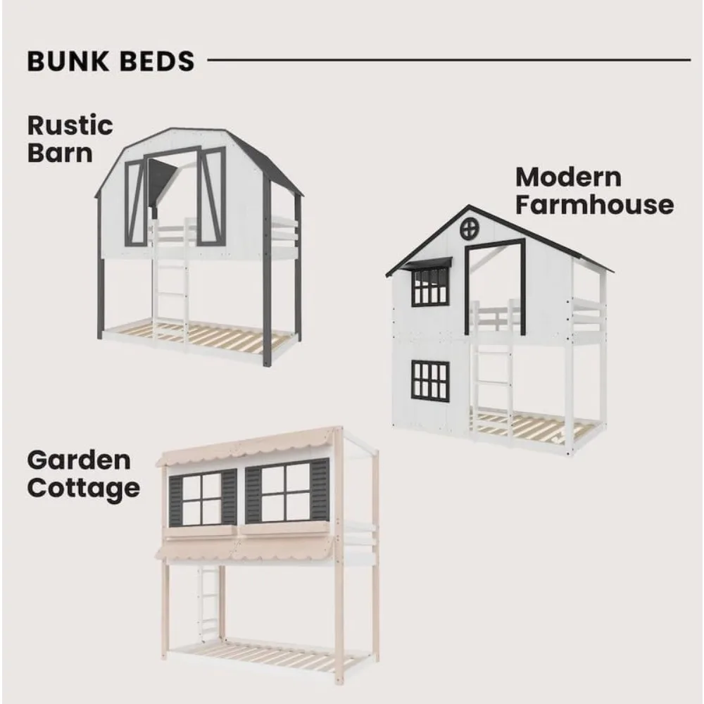 Dziecko Rzemiosło Nowoczesny Farmhouse Podwójne Łóżko Piętrowe dla Dzieci, Niskie Drewniane Łóżko Piętrowe Montessori, Łatwe Do Dostępowania Drabina Do Górnego Piętna