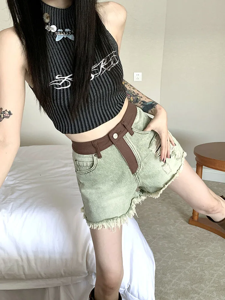 

Sexy High Waist Denim Shorts Women's Summer New Ripped Tassel Raw Hem Wide Legs Shorts 2023