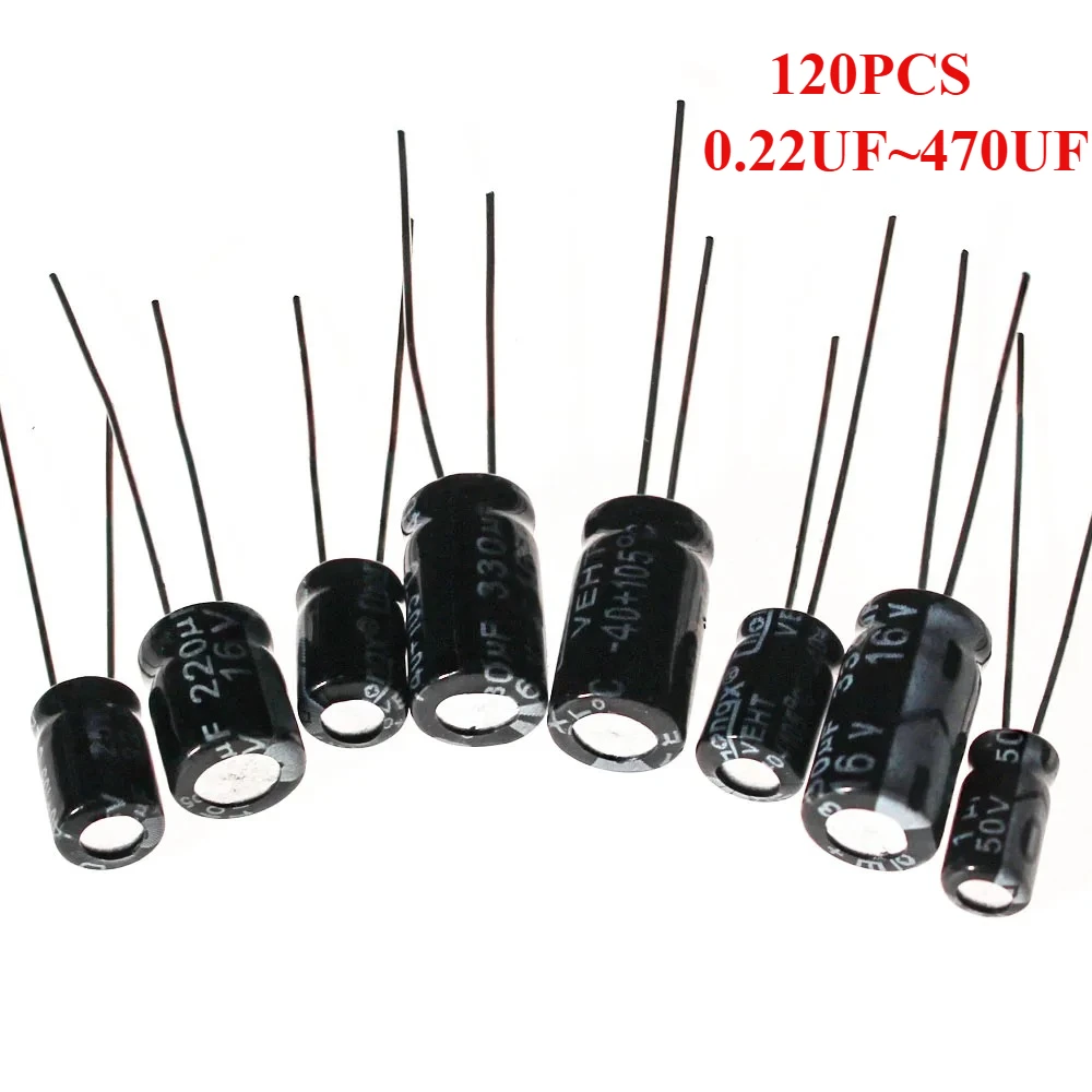 Kit de condensadores electrolíticos de aluminio, 120 Uds., 16V, 25V, 50V, 12 valores, 1uF ~ 470uF para paquete de componentes de condensadores electrónicos DIY