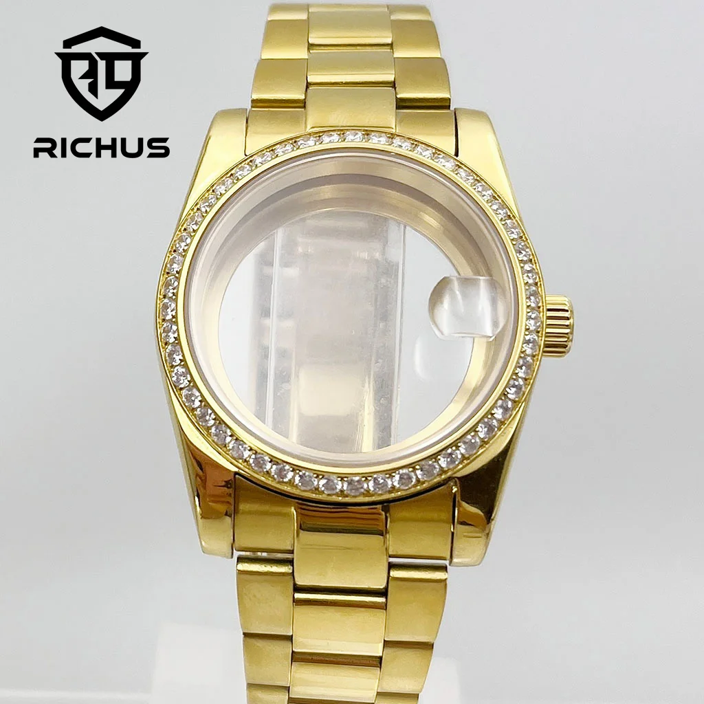 RICHUS NH35 Case 36/39mm Gold Watch Case With Strap Fit NH34 NH35 NH36 ETA2824 PT5000 Miyota8215-DG Movement Watch Accessories