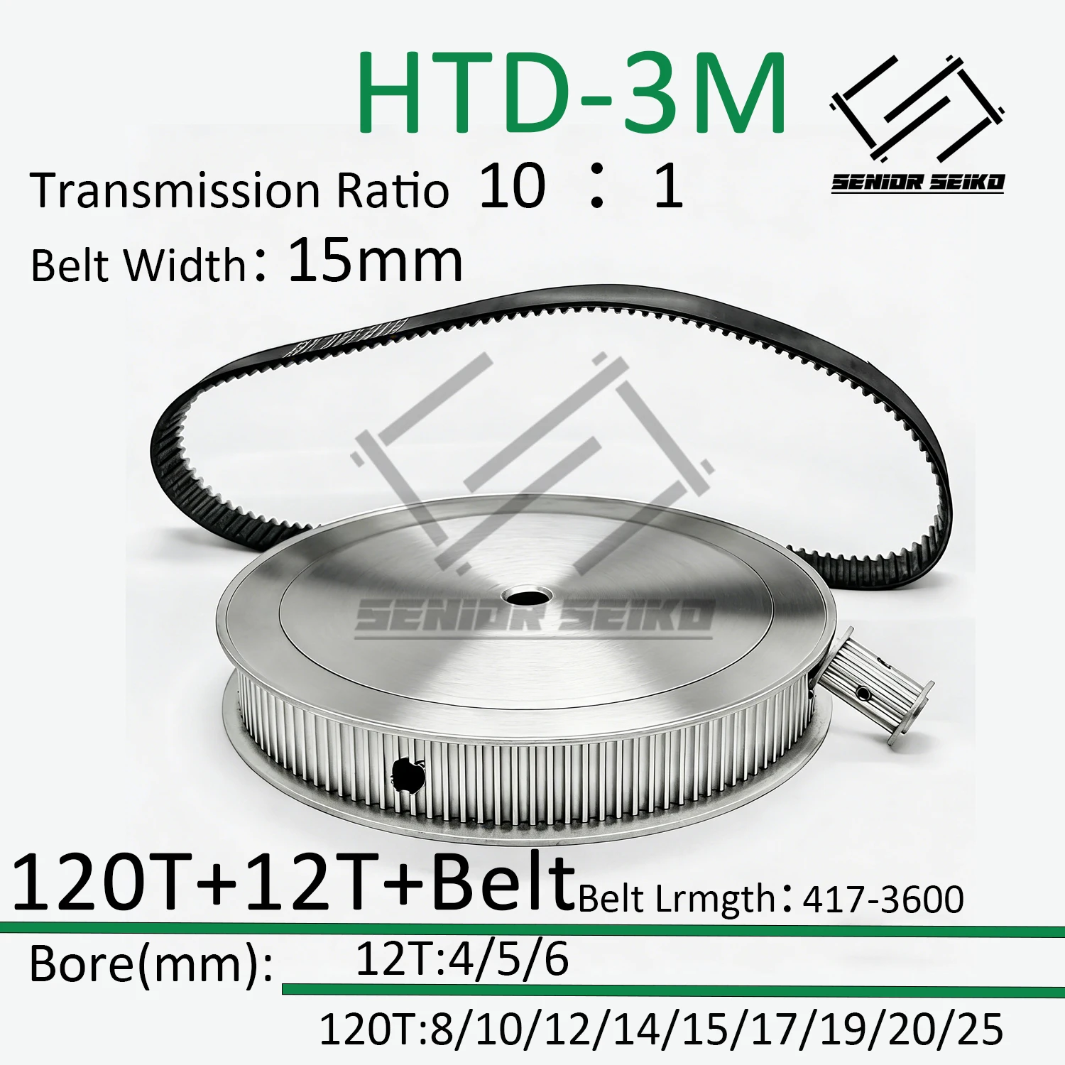 

Комплект синхронных шкивов HTD3M 120 зубьев (12T) с ремнем, ширина ремня 15 мм, диаметр отверстия 4~25 мм, передаточное число 10:1, редукционный механизм 3M