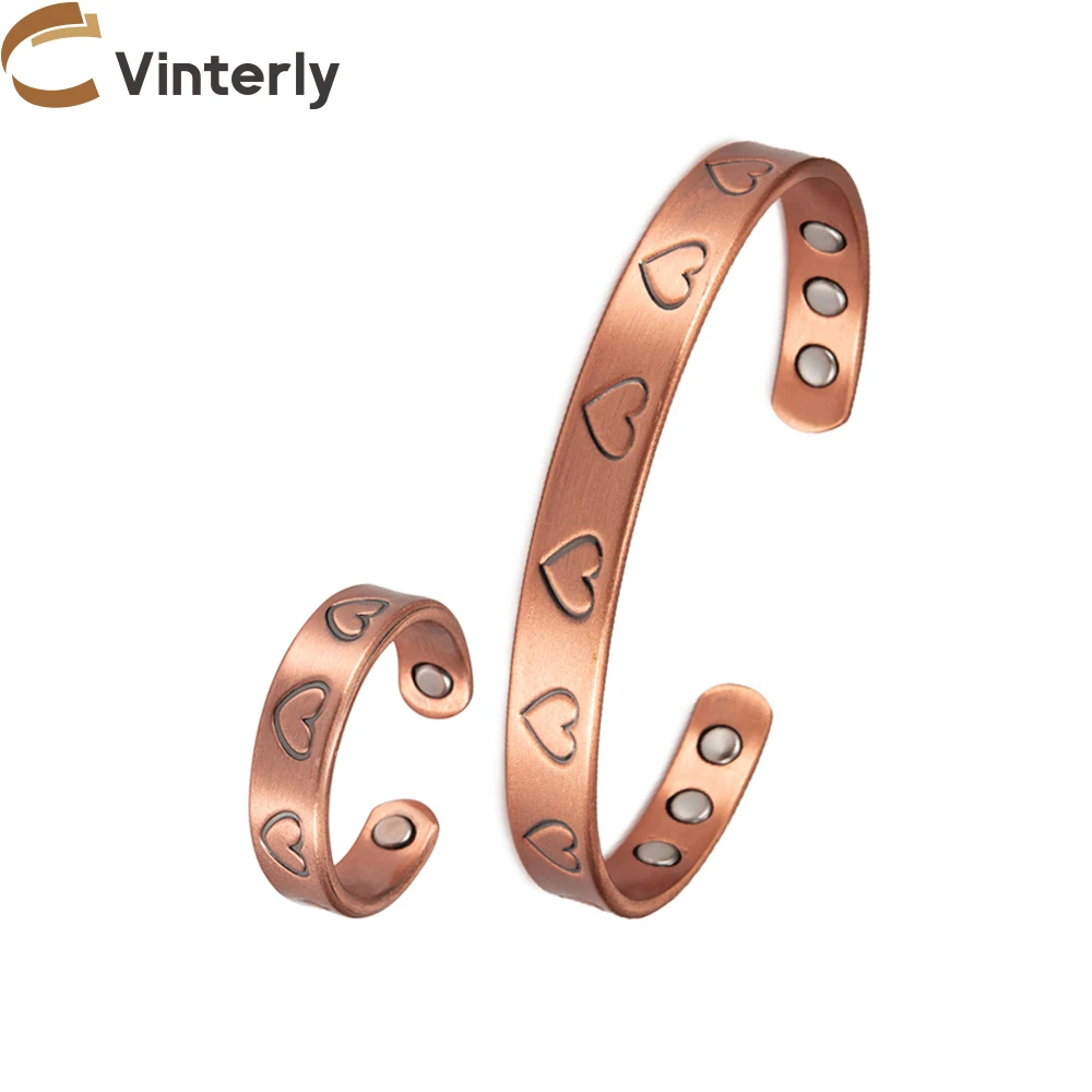 Vinterly Adjustable Couple Heart Bracelet Ring Magnetic Therapy Health Energy Jewelry Set Vintage Open Cuff Resizable Magnet