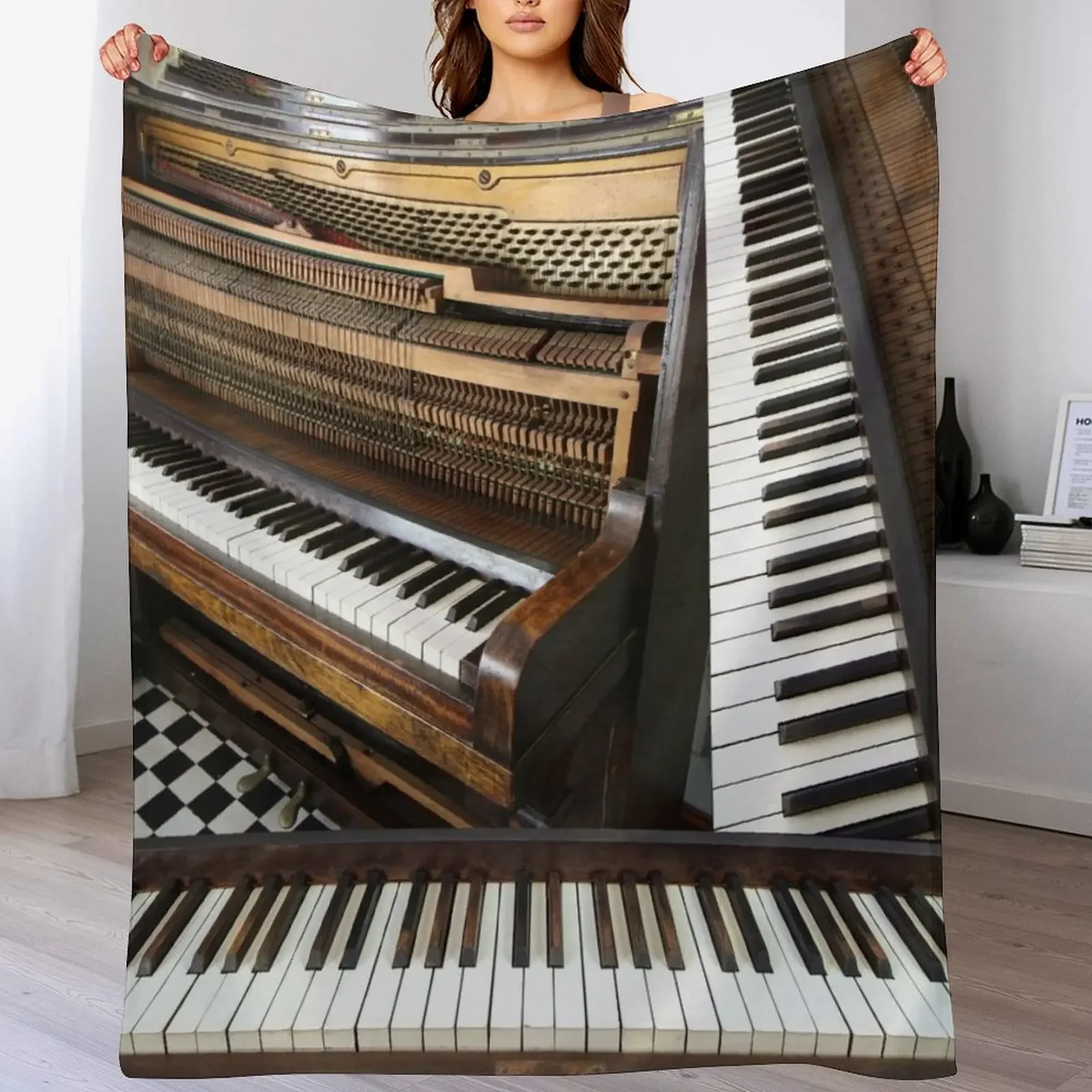 

Piano montage, vintage musical instrument Throw Blanket Travel Flannel Fabric Warm For Decorative Sofa Blankets