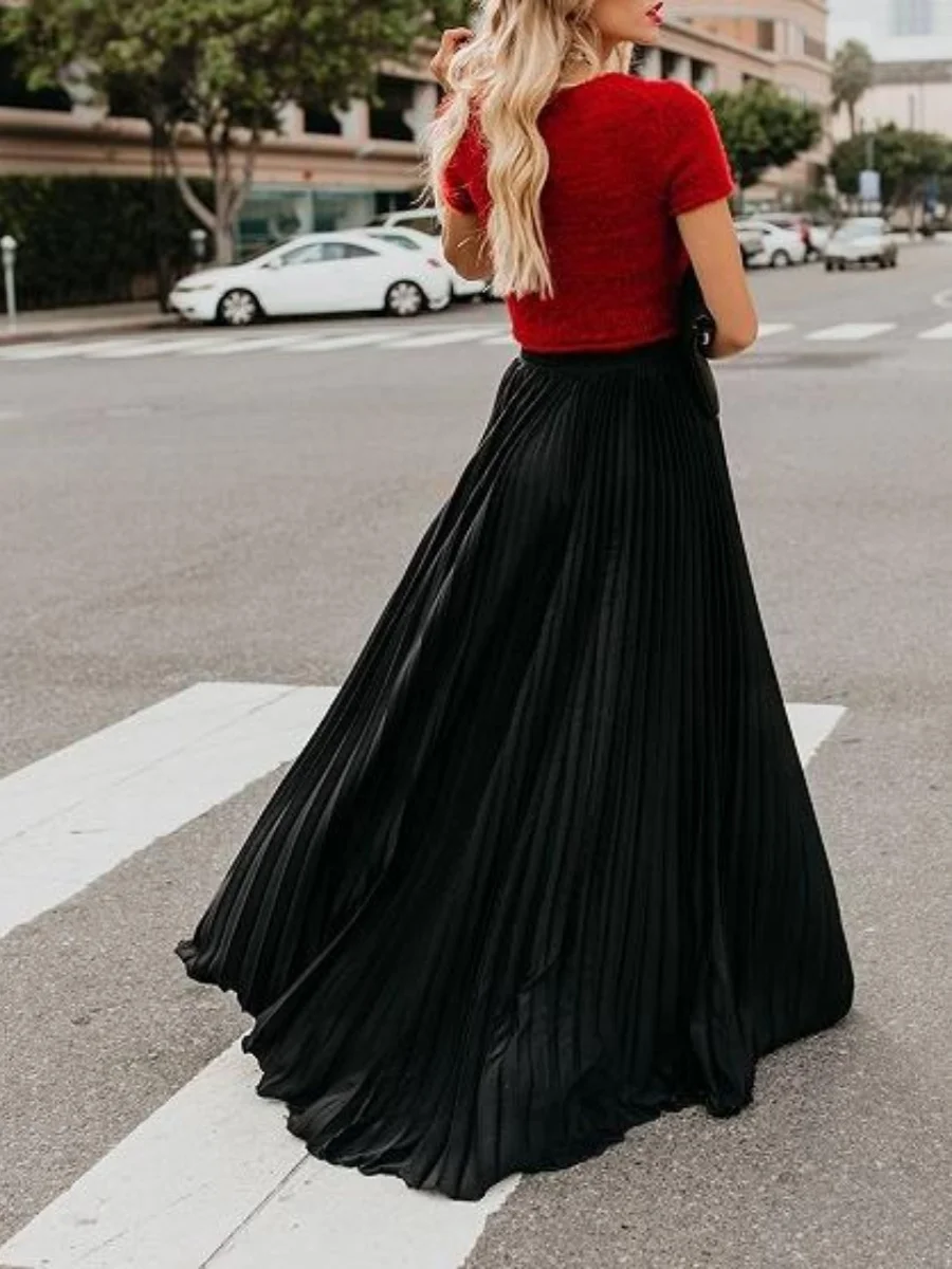 Faionable Chiffon Pleated Maxi Skirt Women's New Arrival f-length A-Line Street Sle Pure Color Mid-Waist Polyester Fiber