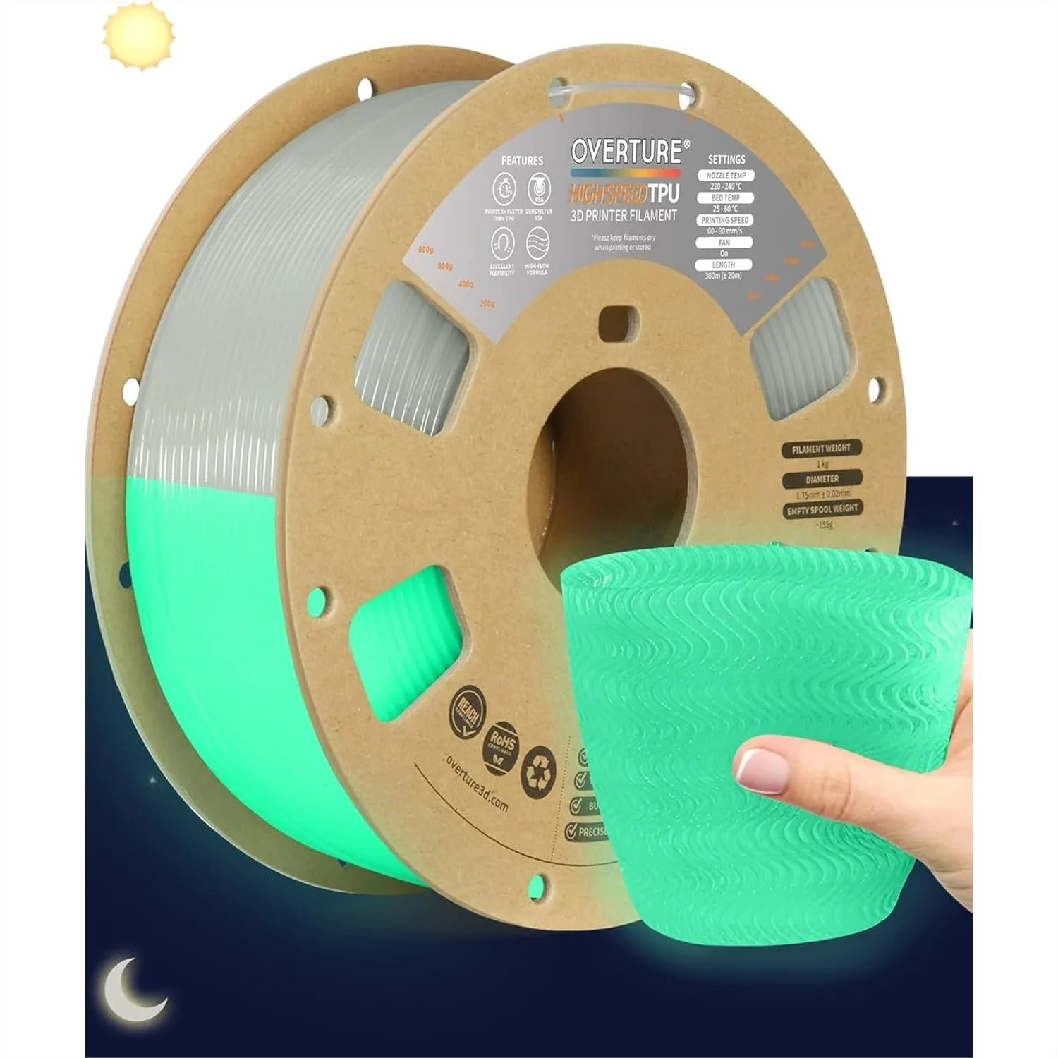 

High Speed TPU Filament 1.75mm Flexible Roll, 95A Soft Glow in the Dark, 1kg Spool for FDM 3D Printer, Luminous Green