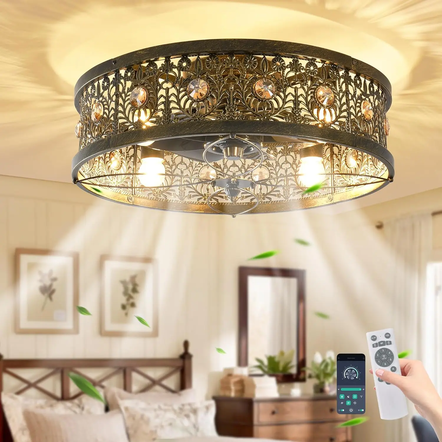 20" Caged Ceiling Fans with Lights,Vintage Victorian Rustic Crystal Fandelier,Low Profile Flush Mount Enclosed Bladeless Ceiling