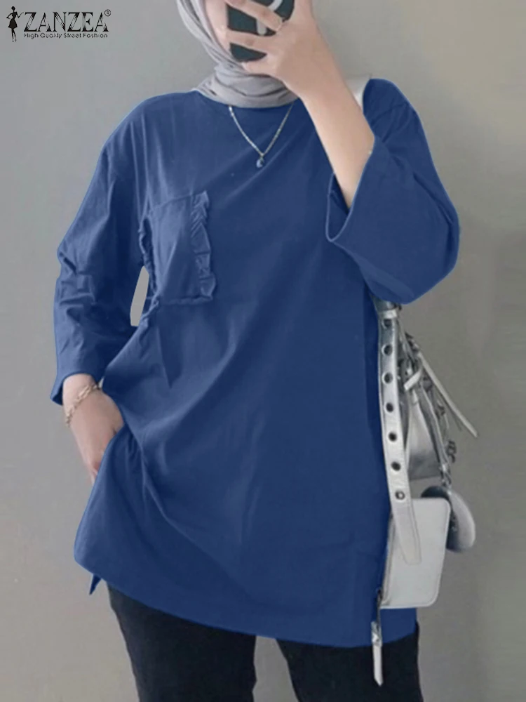 

ZANZEA Fashion Long Sleeve O-Neck Muslim Blouse Summmer Tunic Tops Women Elegant OL Work Shirt Vintage Party Chemise Oversize