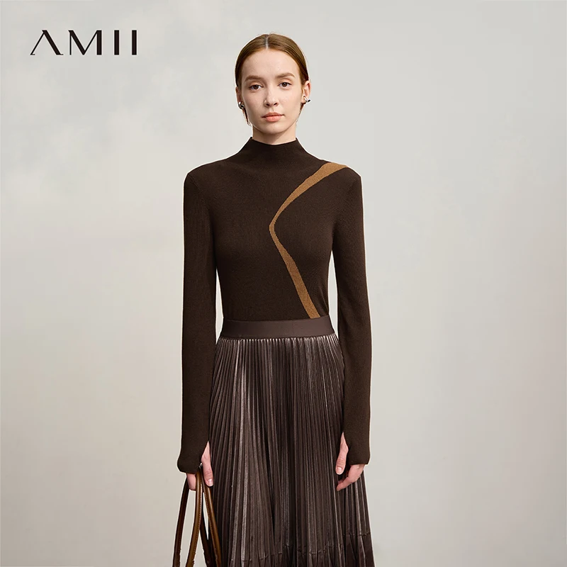 

AMII Women's Sweater 2025 Winter New Minimalist Mock Neck Sweater For Woman Patchwork Pullover Long Sleeve Knitted Tops 12524098