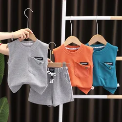 Baby summer suit Korean style little boy summer pure color flap pocket pants 2-piece set boys summer clothes kidsren's sleeve