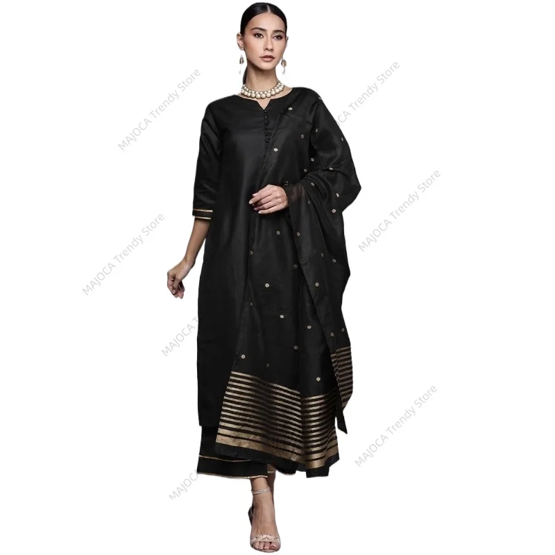 

Elegant Black Kurta Palazzo Suit Set for Women Golden Striped Ethnic Wear with Dupatta Festive Party Readymade Dress