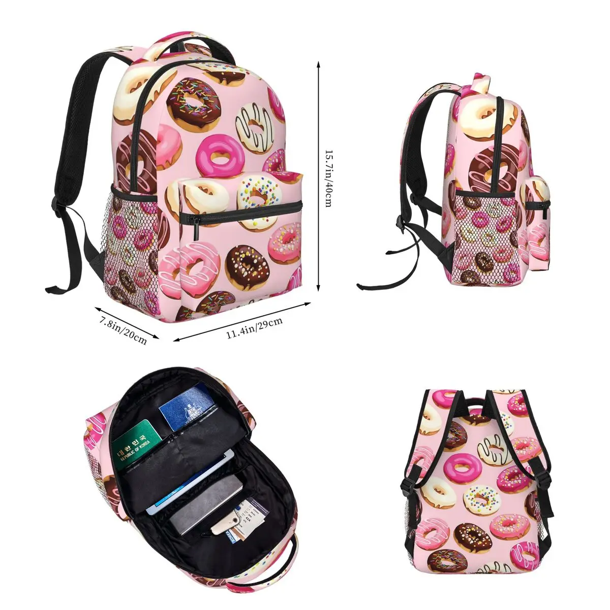 Pink Delicious Retro Donuts Backpacks Boys Girls Bookbag Children School Bags Rucksack Lunch Bag Pen Bag Three-Piece Set