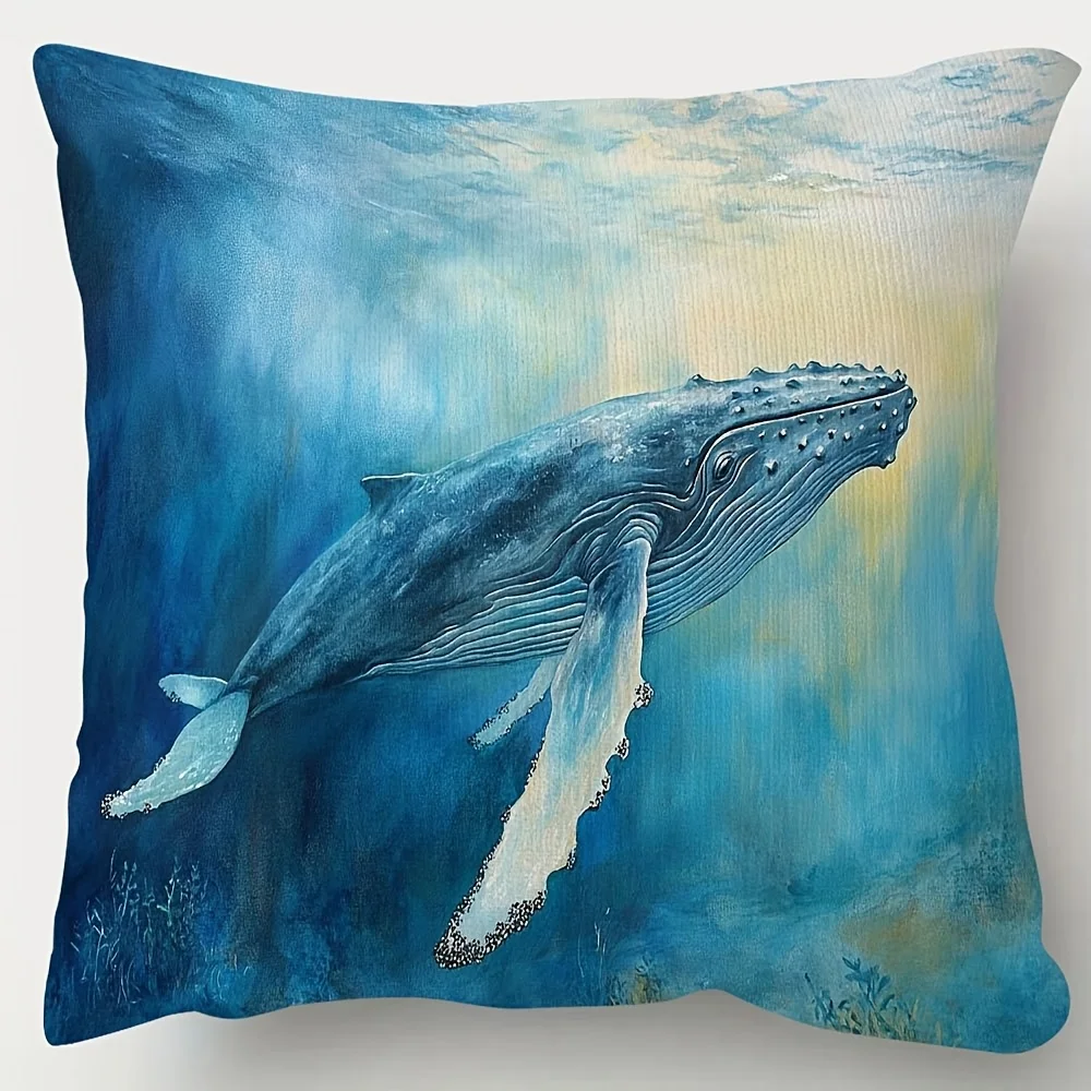 Humpback Whale Nursery Mural Double-Sided Pillowcase, Cute Whale Illustration Cushion Cover with Zipper, Washable Decor Case