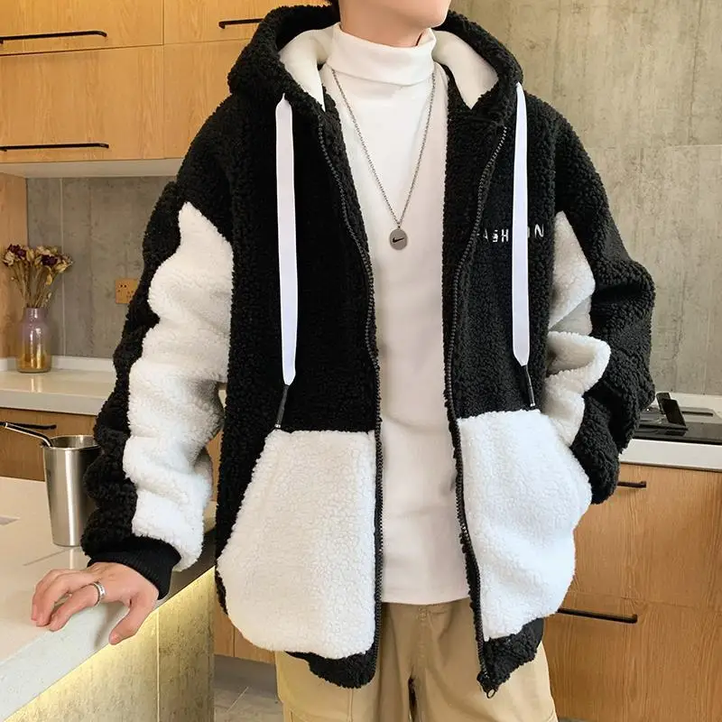 Embroidery Letter Fashion Patchwork Color Winter Hoodie Sweatshirt Men\'s Jacket Lamb Wool Casual Loose Zipper Loose Coat Male