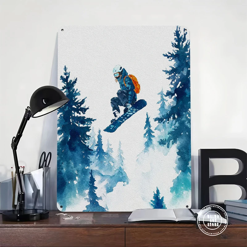 Snowboarder Jumping Through Pine Trees Printed Poster Customized Wall Art Retro Vintage Metal Tin Signs for Decoration Home Room