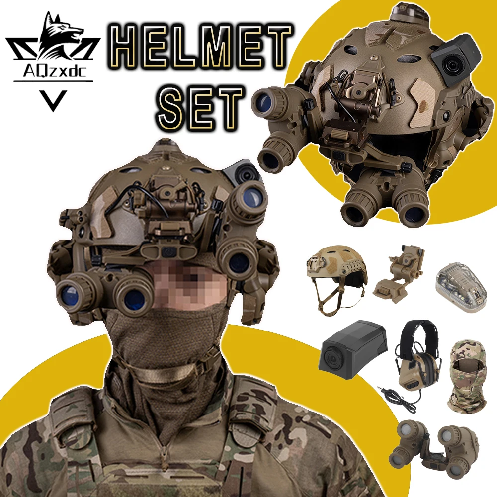 

Tactical Airsoft Helmet Set with Panoramic NVG Model Camera Model Headphones Signal Light for CS Paintball Cosplay Movie Prop