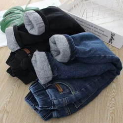 2024 Winter Children's Jeans Boys and Girls' Solid color Plush Warm Elastic Jeans Elastic Denim Pants 1-7Y