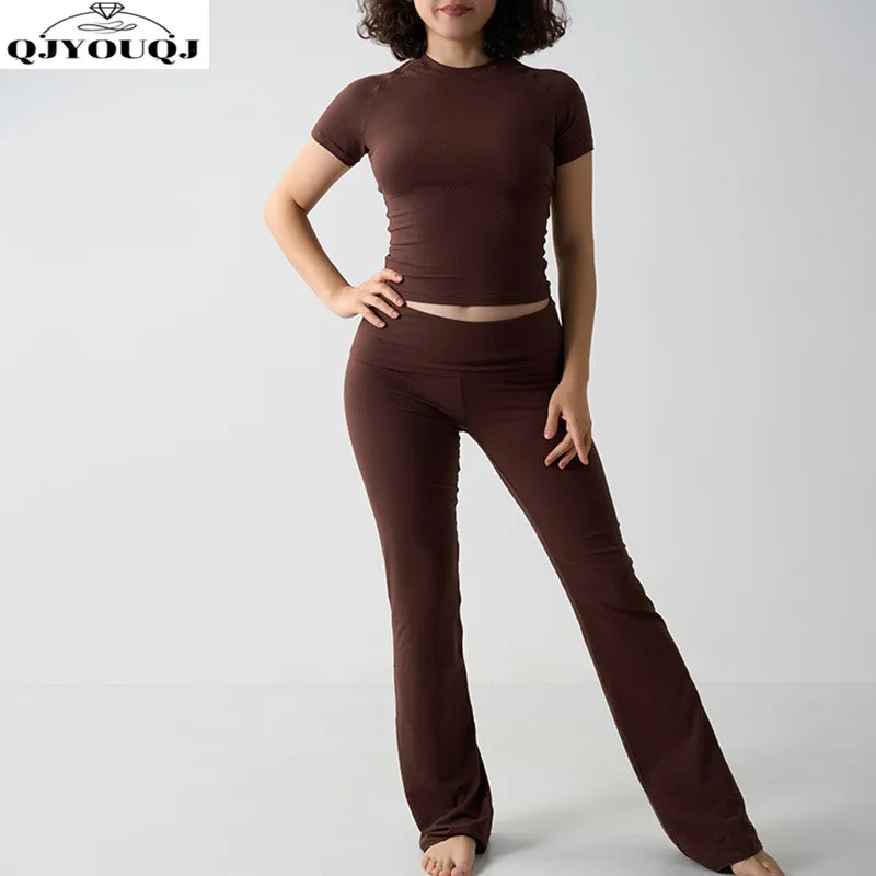 

Spring and summer new slim fit short sleeved top+casual yoga flared pants two-piece set