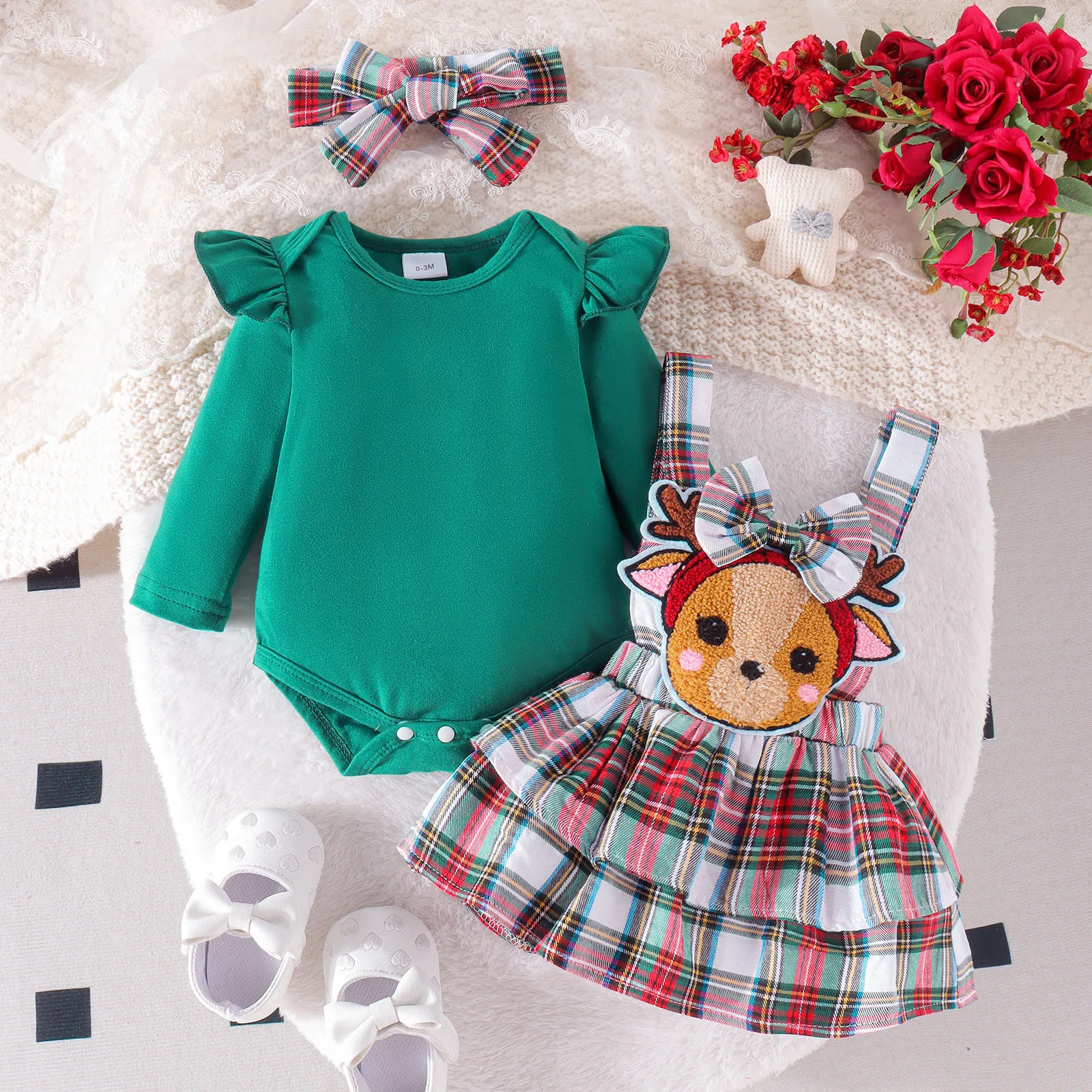 3 9 12 18Months Christmas Newborn Infant Baby Girls Clothes Sets Knit Red Romper Deer Plaid Skirts Headband Xmas Outfits Costume