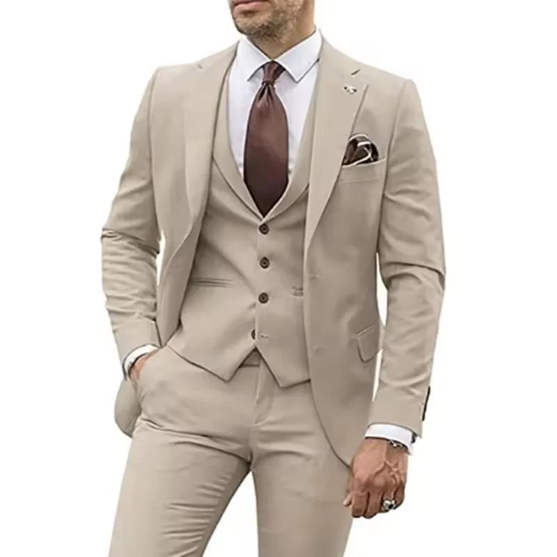 

Men's clothing 3 Pieces Beige Suits for Men Slim Fit Groom Tuxedo Wedding Suits Best Man Groomsmen Formal Party Suit Male