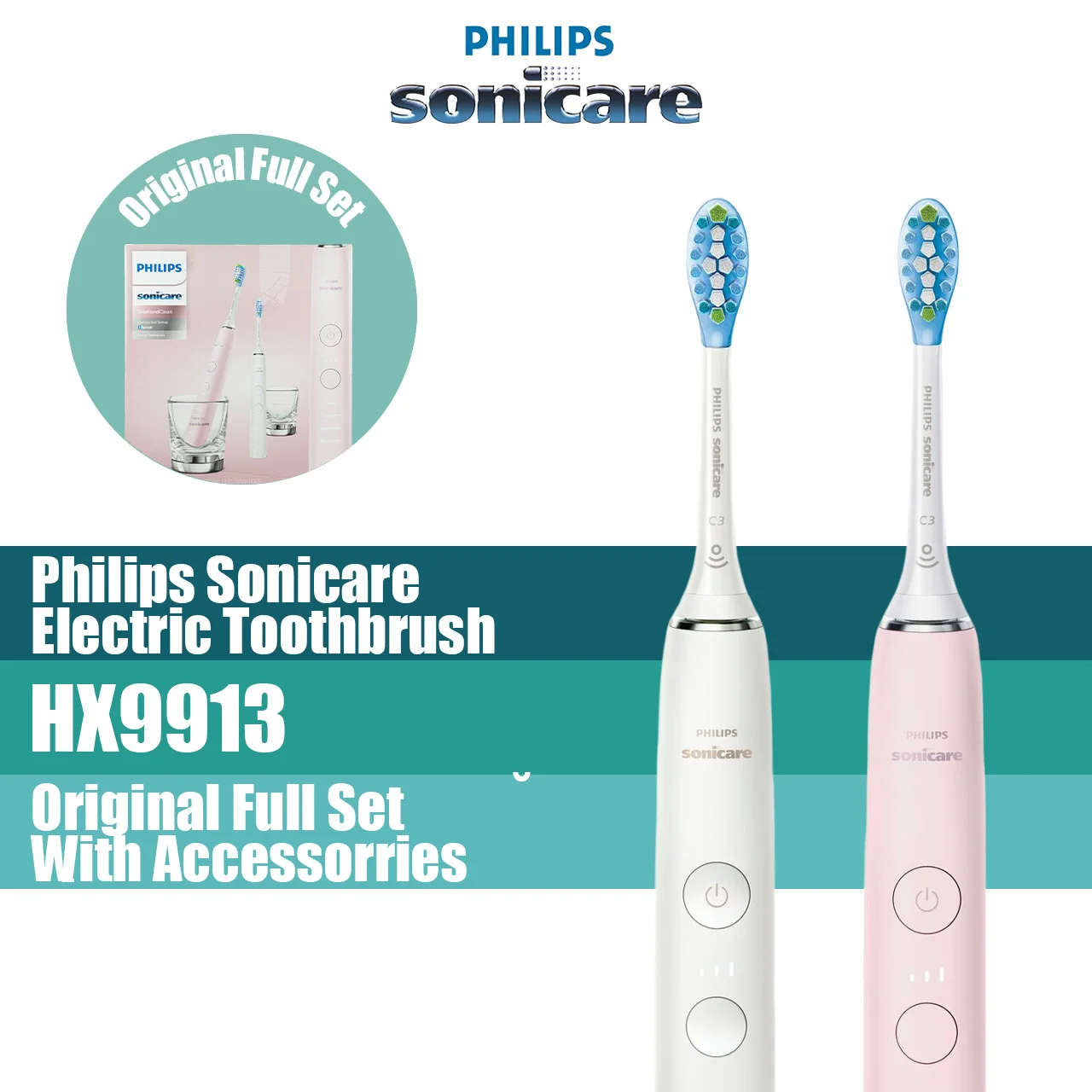 Philips Sonicare-cabezales de repuesto para cepillo de dientes eléctrico, cabezales recargables de 2 asas, color rosa y blanco, DiamondClean HX9913