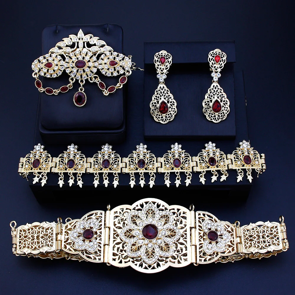 Sunspicems Chic Algeria Bride Jewelry Sets 18K Gold Color Caftan Belt Brooch Earring Hairchain Morocco Women Wedding Bijoux Gift
