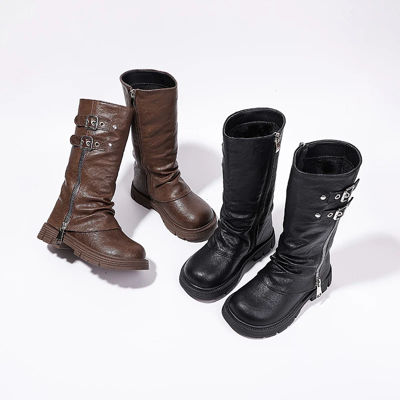 

Новые детские подиумные кожаные ботинки, весенне-осенние повседневные школьные высокие сапоги для девочек, классические черные, коричневые детские модные ботинки на платформе